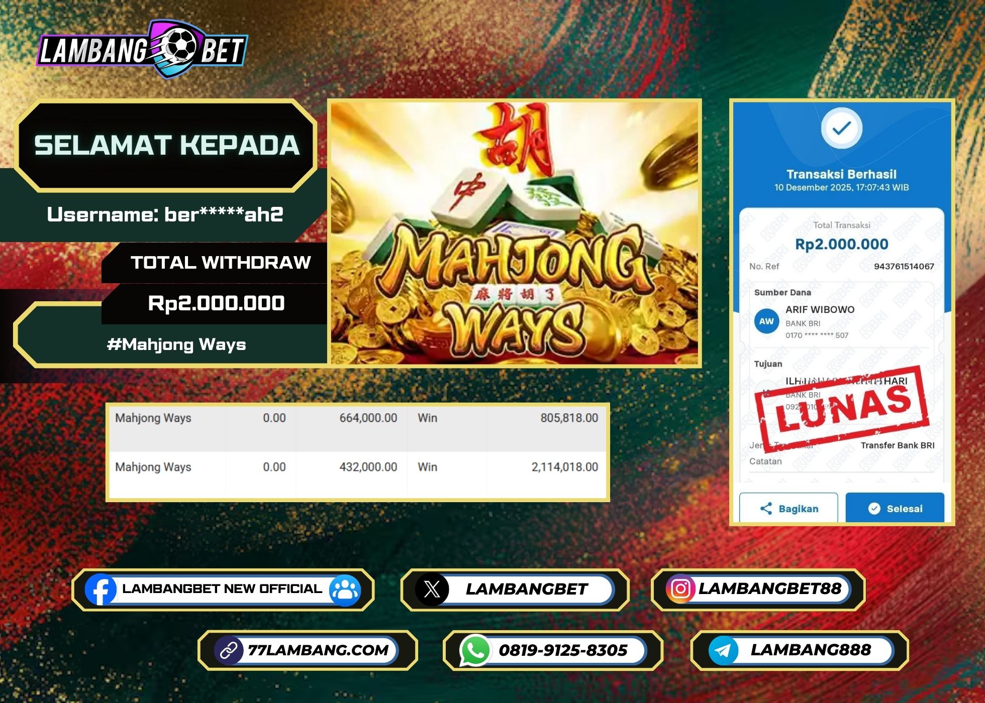 LAMBANGBET [10 DESEMBER 2025] JACKPOT SLOT Mahjong Ways "Rp2.000.000" LUNAS